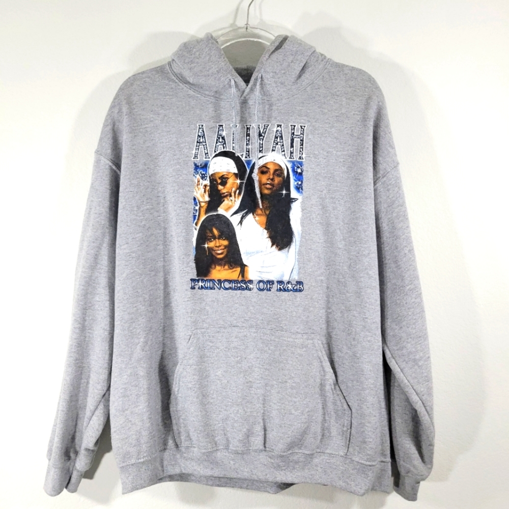 Vintage AALIYAH Princess of R&B grey cotton pullover hooded casual sweatshirt